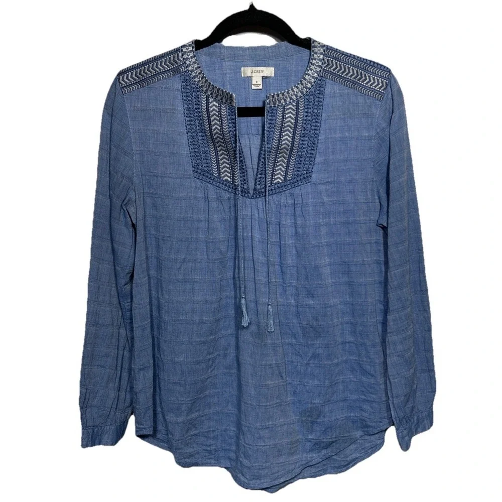 J Crew‎ Embroidered Tassel Peasant Top Blue Women's Size 6 NWOT